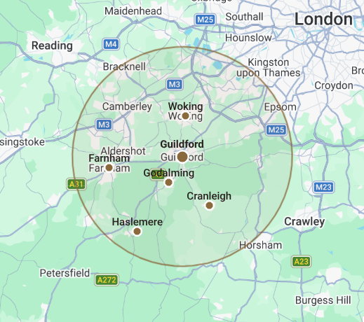 Map showing our Surrey coverage area: Guildford, Godalming, Woking, Farnham, Cranleigh and Haslemere